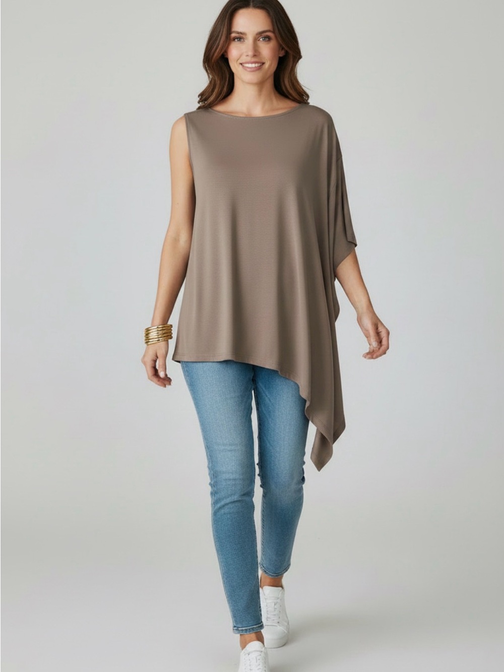 Worthington Taupe Asymmetrical One-Shoulder Tunic
